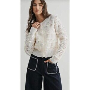 & Merci Cream Cropped Chunky Open Knit Cardigan Women’s Size S Wavy Pointelle